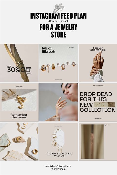 Feed plan (content & visual) for a jewelry store. Follow for more content like this. Jewellery Brand Instagram Grid, Jewelry Ig Feed, Jewelry Brand Instagram Feed, Jewelry Feed Instagram, Jewelry Instagram Layout, Jewellery Instagram Grid, Jewelry Posts Instagram, Jewellery Instagram Feed, Instagram Feed Plan