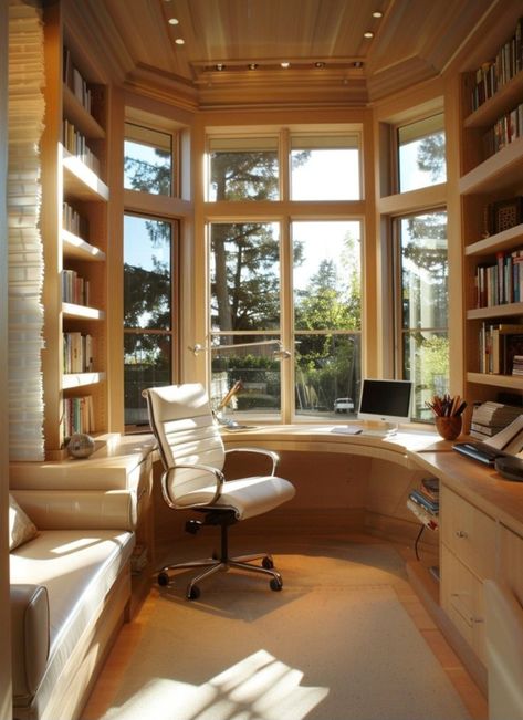 Office And Library Combo, Library Study Aesthetic, Home Office With Sofa, Writers Office, Beautiful Office Spaces, Cozy Study, Unique Bedroom Design, Bookshelves In Bedroom, Beach House Interior Design