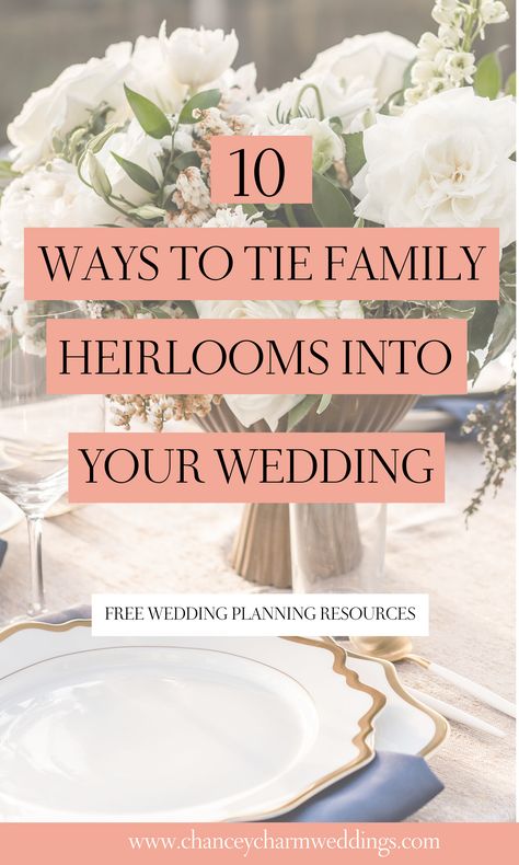 Incorporating sentimental pieces makes your wedding day that much more memorable + sentimental. The Chancey Charm Wedding Planners are sharing 10 ideas for incorporating family heirlooms into your wedding below.     #weddingplanningtips #familyheirlooms #chanceycharm #weddinginspiration Wedding Ideas Sentimental, Sentimental Ideas For Wedding, Wedding Heirloom Ideas, Sentimental Wedding Decor, Wedding Sentimental Ideas, Honoring Family Members At Wedding, Brides Family Responsibilities, Charm For Wedding Bouquet, Sentimental Wedding Ideas