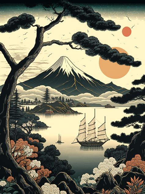 Japanese Art Prints Landscape, Famous Japanese Paintings, Japanese Water Painting, Japanese Water Drawing, Acrylic Japanese Painting, Japanese Painting Wallpaper, Japanese Background Landscape, Japanese Art Prints Traditional, Japan Landscape Drawing