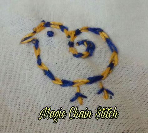 Magic Chain Stitch!    This stitch is another variation of regular Chain Stitch. To show the variation we can use, two or three different co... Magic Chain Stitch Embroidery Design, Types Of Embroidery Stitches, Embroidery Workshop, Embroidery Lessons, Feather Stitch, Chain Stitch Embroidery, Lazy Daisy Stitch, Basic Embroidery Stitches, Embroidery Videos