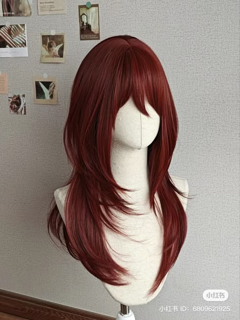 Red Layers Hair, Wolf Cut Red Hair, Red Hair Long, Pretty Hair Cuts, Hair Wolfcut, Kpop Hair, Dark Hair With Highlights, Dyed Hair Inspiration, Pretty Hair Color