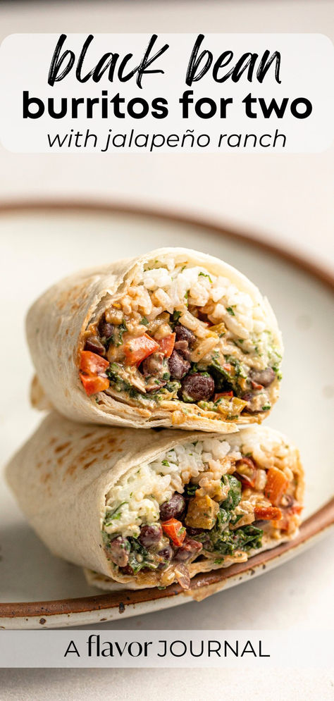 A flavorful black bean burrito recipe with cilantro rice, tender veggies, green chiles, and a creamy jalapeno ranch sauce. This is a small batch recipe that makes two black bean burritos!  #blackbeanburritorecipe #blackbeanburritos #easyvegetarianrecipes #meatlessmondayrecipe Cheap Dinner Vegetarian, Black Bean And Cheese Burrito, Vegetarian Burritos Recipe, Black Bean Meal Ideas, Dinner Recipes With Black Beans, Veggie Burrito Recipe, Cheap Bean Recipes, Black Bean Breakfast Burrito, Rice Burrito Recipe