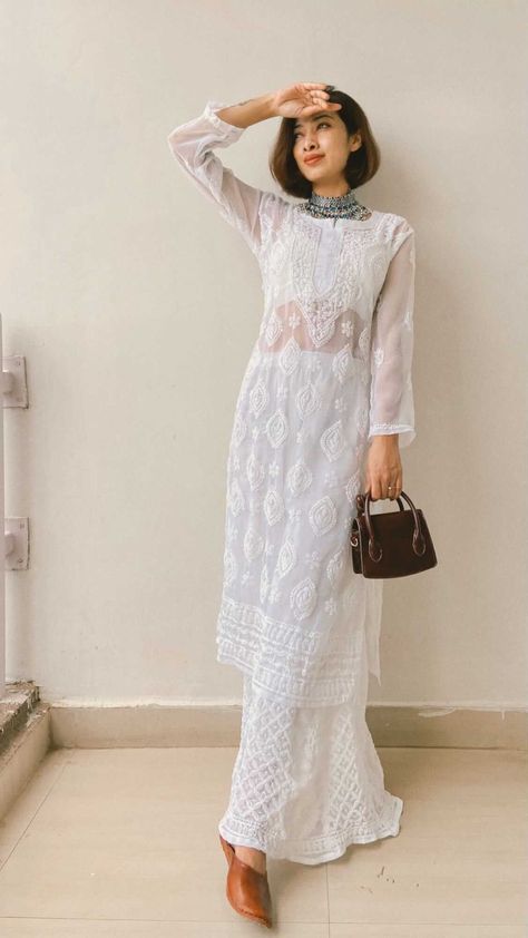 Isha Borah Dress, White Chikankari Kurta Styling, Transparent Kurti, White Kurti Designs, Isha Borah, Transparent Embroidery, Dye Wedding Dress, Kurti With Sharara, Pastel Color Dress