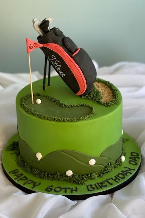 Stylish golf themed cake for 60th birthday. Edible standing golf bag Golf Themed Cakes, Groomsman Cake, Golf Birthday Cakes, Golf Cake, 21st Cake, Dinosaur Birthday Cakes, 21st Birthday Cakes, Fathers Day Cake, Green Cake