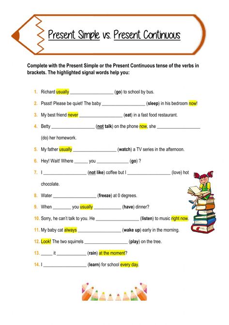 Present Simple vs. Present Continuous - Interactive worksheet Present And Present Continuous Worksheet, Tenses Worksheet Grade 4, Present Simple Vs Continuous Worksheets, Present Simple And Continuous Worksheet, Simple Present And Present Continuous, Present Simple Vs Present Continuous, Present Simple Present Continuous, Simple Present Tense Worksheets, Present Continuous Worksheet