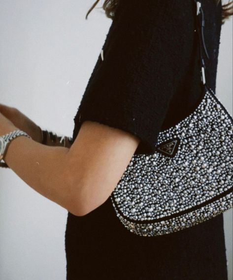 Rhinestone Bag Outfit, Prada Rhinestone Bag, Prada Bag Outfit, Bag Wishlist, Rhinestone Bag, Bag Outfit, Bag Obsession, Rhinestone Fashion, Outfit Look