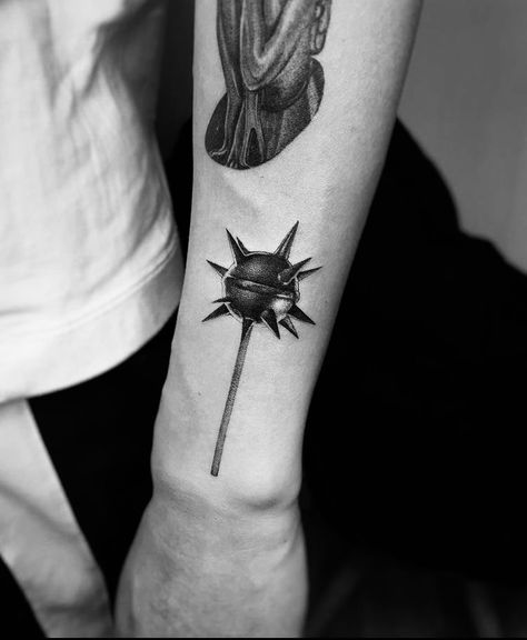 Spike Ball Tattoo, Shuriken Tattoo, Ball And Chain Tattoo, Fearless Tattoo, Chain Tattoo, Line Tattoo Ideas, Card Tattoo Designs, Surreal Tattoo, Quality Tattoo