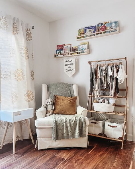 Clothes Rack Nursery, Unique Nursery Storage, Nursery Inspo Small Room, Baby Nook In Living Room, Small Nursery No Closet, Nursery No Closet Ideas, Nursery Storage No Closet, Hanging Baby Clothes With No Closet, Small Space Baby Clothes Storage