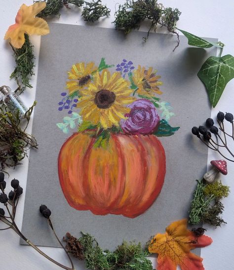 Pumpkins and flowers are my favorite fall decorations. What is your favorite? 8x10 Original Oil Pastel Available - Prints coming soon I'm doing an event at Burnside Farms this weekend so I needed to add a sunflower print to end the farm season there 🌻 Some Chick's Art on Etsy 🐤 Amanda - the chick and your artist friend 🫶🏻 #sunflowers #falldecor #autumnprints #pumpkinvase #pumpkinwithflowers #fallart #fyp #artist #traditionalart #pastelpainting #oilpastels #oilpastelarr Autumn Oil Pastel, Oil Pastel Fall, Sunflower Oil Pastel, Simple Oil Pastel Art, Pumpkin Oil Pastel, Oil Pastel Art Sunflower, Oil Pastel Pumpkins For Kids, Pumpkins And Flowers, Pumpkin Vase