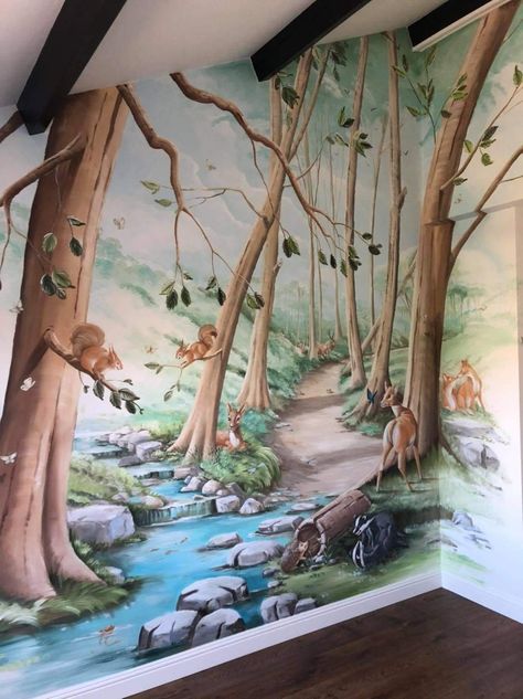 Diy Forest Mural Nursery, Murals For Nursery, Forest Wall Mural Painted, Enchanted Forest Mural, Nature Murals, Fairy Mural, Disney Wall Murals, Nature Mural, Kids Jungle Room