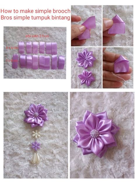 Satin Ribbon Flowers Diy Simple, Pita Satin, Diy Tips And Tricks, Sulaman Pita, Ribbon Flowers Diy, Kanzashi Tutorial, Diy Ribbon Flowers, Felt Flowers Diy, Ribbon Crafts Diy