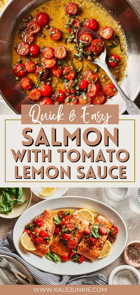 Salmon With Red Sauce, Salmon And Cherry Tomato Recipes, Salmon Recipes Tomato, Salmon With Tomato And Onion, Cherry Tomato Salmon Recipes, Salmon Cherry Tomato Pasta, Salmon And Lobster Dinners, Salmon Pasta White Wine Sauce, Sauce Salmon Recipes