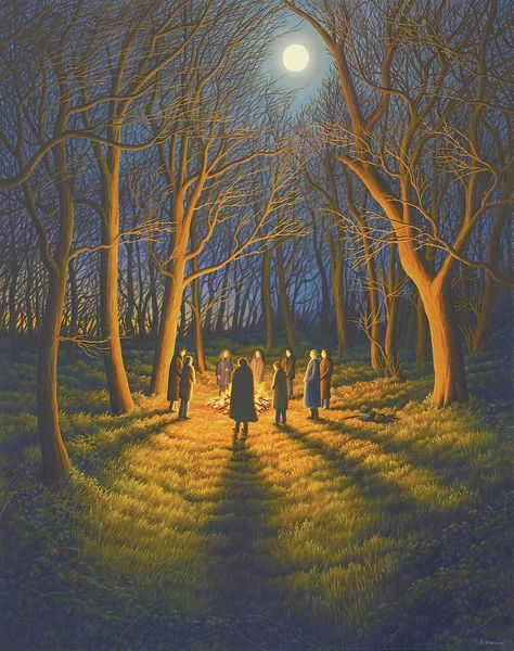 Pagan Paintings, Pagan Art Drawings, Cornwall Painting, Fire In The Woods, Symbolic Paintings, Fire Circle, Magic Land, Spiritual Paintings, Moonlight Painting