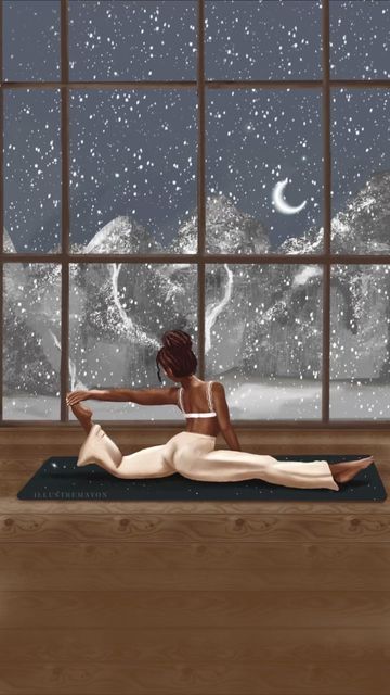 Marion Piret on Instagram: "Night time yoga by the moon 🌙 I enjoyed doing this little animation so much ☺️! This is inspired by my YTT in Chamonix in 2017, our yoga shala had an amazing window like that with a view of the mountains 🏔 🧡. The best place to practice. Amazing memories. . . . #yogaillustrator #yogaillustration #yogainspiration #yogareel #animationreel #procreateanimation #illustratricefrancaise #creativeasswomen #girlsmakingmagic #artreel #wintervibes #moonillustration" 2024 Vision Board Yoga, Yoga At Night Aesthetic, Winter Yoga Aesthetic, Morning Yoga Aesthetic, Yoga Animation, Yoga Vision Board, Yoga Aesthetic Inspiration, Yoga Inspiration Art, Night Time Yoga