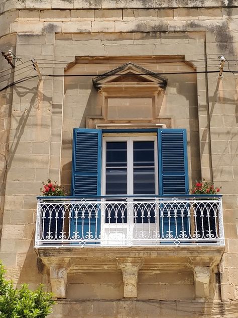 Overlooking a typical Maltese village square Maltese Townhouse, Maltese Tiles, Maltese Balconies, Ftira Maltese, Balcony Overlooking Ocean, Village Square, A Typical, Maltese, Balcony