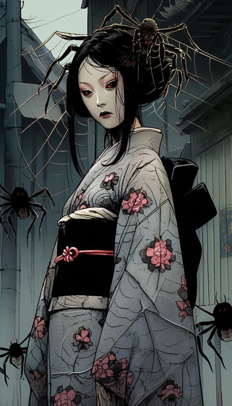 Japanese Brothel Art, Jorogumo Art, Shrine Maiden Art, Face Markings Character Design, Yokai Woman, Bleach Zanpakuto, Japanese Urban Legends, Japanese Goddess, Japanese Myth