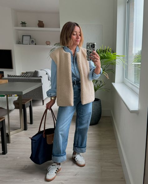 Sundaying. Links to my outfit on stories/October highlight. The shirt is very old @newlook jeans @zara and gilet @riverisland (2 years ago?) #weekendoutfit #weekendoutfits #doubledenim #petitefashion #imwearingri #casualoutfitideas #autumnoutfitideas #autumnoutfitinspo #borg Khaki Gilet Outfit, Borg Gilet Outfit, Gillet Outfits Women, Teddy Gilet Outfit, Gilet Outfit Women, Gilet Outfit, Double Denim, Weekend Outfit, Autumn Outfit