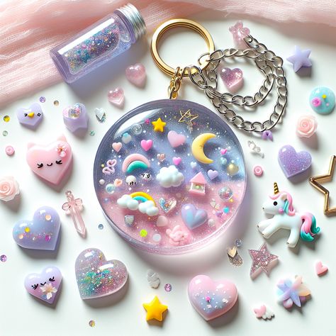 Adorn your keys with this charming resin art keychain! Designed with pastel hues, mini hearts, stars, flowers & glitter, shaped as a gleaming unicorn. Glossy gold chain adds a chic touch. Perfect for teenage girls! #ResinArtKeychain #UnicornKeychain #TeenAccessories #PastelKeychain #CuteKeychains #GiftForTeens Resin Art Keychain, Art Keychain, Flowers Glitter, Cute Stationary School Supplies, Hello Kitty Keychain, Making Resin Jewellery, Christmas Embroidery Patterns, Pretty Jewelry Necklaces, Resin Keychain