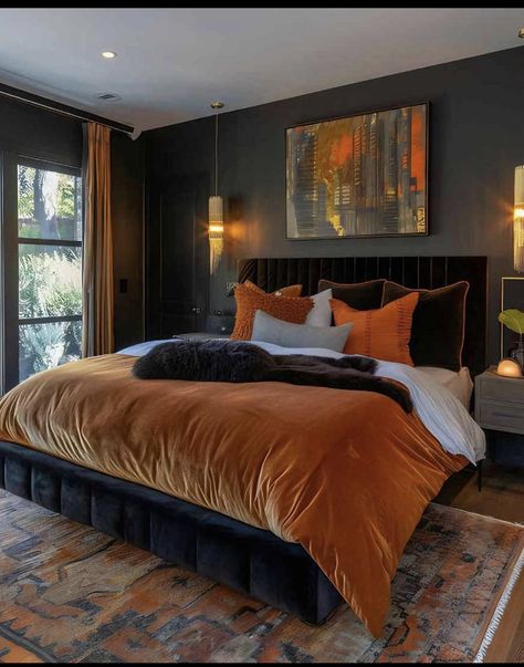 Classy Rooms Aesthetic, Types Of Apartment Styles, Shared Bedroom Ideas For Adults, Adults Bedroom Ideas, Wooden Bed Decor, Bedroom Japandi, Classy Goth, Orange Bedroom Ideas, Cozy Bedding Ideas