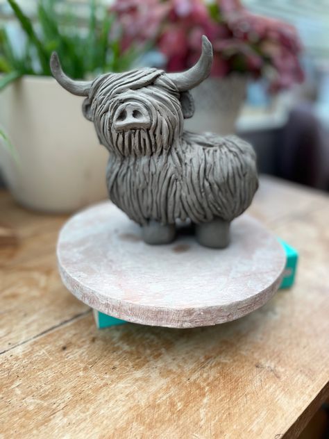 This handsome chap is for a commission #wonkypotter Highland Cow Clay Sculpture, Cow Pottery, Pottery Creatures, Animal Ceramics, Clay Gnomes, Highland Coo, Ceramic Horse, Coil Pottery, Unique Garden Art