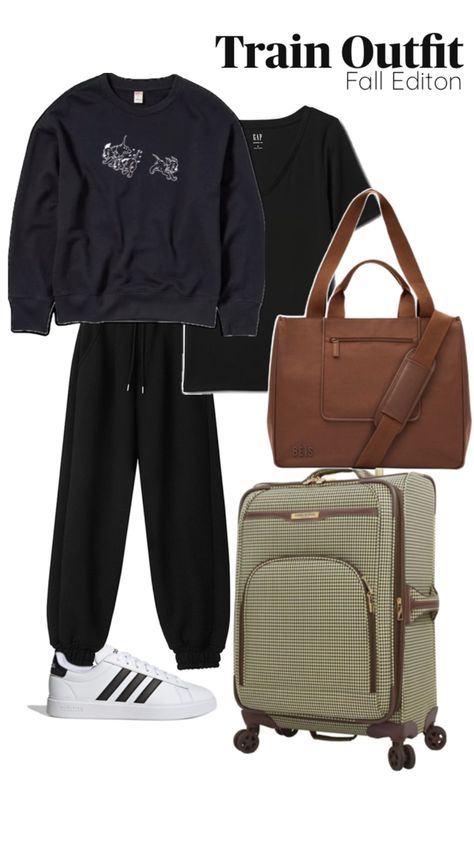 Early autumn/fall outfit for the train. Easily layered v neck and jogger pants with a cute sweater finished off with classic adidas sneakers. London fog suitcase in brown houndstooth are actually closer in color with Beis east to west tote in person than in the pin. Train Outfit Travel, Train Outfit, Subway Style, Outfit Travel, Early Autumn, Cute Sweater, London Fog, Early Fall, Cute Sweaters