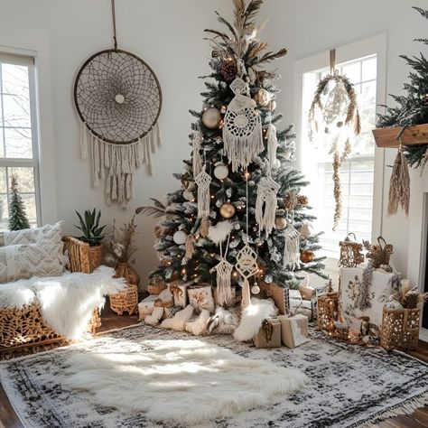 Transform your holiday décor with a boho-style tree featuring dreamcatchers, feathers, and handmade macramé details for a relaxed Christmas vibe. Boho Christmas Tree Bohemian, Boho Christmas Tree, Whimsical Christmas Trees, Traditional Holiday Decor, Christmas Vibe, Boho Christmas, Whimsical Christmas, Dreamcatchers, Estilo Boho