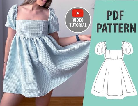 Babydoll Dress Sewing Pattern, Baby Doll Dress Pattern, Diy Babydoll Dress, Beginner Dress Pattern, Cottagecore Dress Pattern, Babydoll Dress Pattern, Easy Dress Pattern, Boho Dress Pattern, Dress Sewing Patterns Free