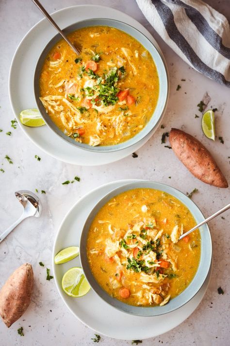 Chicken Coconut Curry Soup, Chicken Sweet Potato Curry, Sweet Potato Coconut Curry, Chicken Coconut Curry, Chicken Coconut Soup, Crock Pot Sweet Potatoes, Sweet Potato Chicken, Chicken Curry Soup, Soup Instant Pot