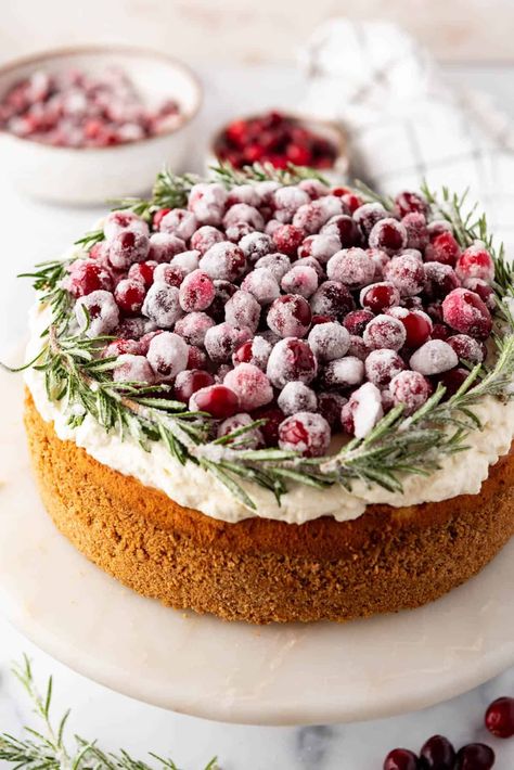 This Cranberry Cheesecake is a showstopping dessert guaranteed to get wild praise and requests for you to be in charge of dessert every year. It's got a few components, but it's well worth the effort when you present this stunning Christmas cheesecake piled high with sugared cranberries and hear the oohs and ahhs from your friends & loved ones. | cranberry cheesecake recipes Christmas | Christmas cranberry cheesecake recipes | cranberry cheesecake recipes thanksgiving desserts Christmas Theme Cheesecake, Christmas Strawberry Cheesecake, Winter Cheesecake Recipes, Cheesecake Recipes Thanksgiving, Cheesecake Recipes Christmas, No Bake Cranberry Cheesecake, Christmas Cheesecake Decoration, Christmas Wreath Dessert, Cranberry White Chocolate Cheesecake