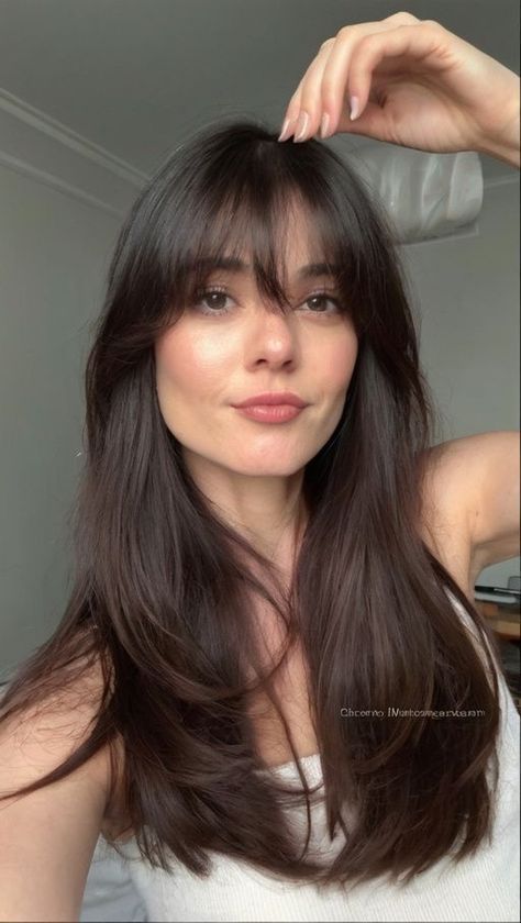 30's Women Hairstyles, Dark Brown Bangs Hair, Bangs Hairstyles Brown Hair, Cool Medium Brown Hair Color, Italian Summer Hair, Dark Brown Hair Cool Skin Tone, Caramel Highlights With Bangs, Full Bangs Haircut, Caramel Dark Brown Hair