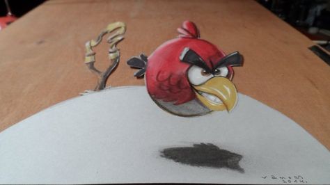 Anamorphic illusion a Red Bird. Trick Art 3D.  How to draw a red Angry Bird. Cute drawing.  Mixed media.  Materials used:   Pastell paper: light gray. Bird Cute Drawing, Bird Outline Tattoo, 3d Pencil Art, Interesting Sketches, Red Angry Bird, Best Pet Birds, Red Bird Tattoos, Tiny Bird Tattoos, Bird Outline