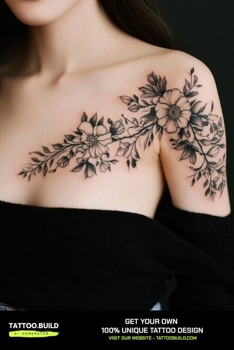 Dreamy and Delicate Ladies Shoulder Tattoo Ideas Inspiring Floral Designs to Love Back To Shoulder Tattoo For Women, Shoulder Tats For Women Half Sleeves, Inner Shoulder Tattoo, Chest To Shoulder Tattoo, Shoulder Tattoo Cover Up For Women, Chest Flower Tattoo Female, Floral Shoulder Tattoos For Women, Floral Shoulder Tattoos, Ladies Shoulder Tattoo