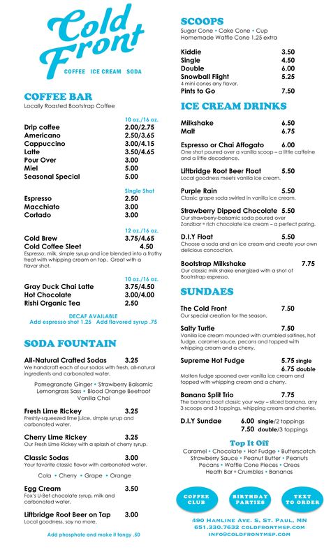 Menu — Cold Front Roasters Coffee, Cake In A Cone, Craft Soda, Ice Cream Drinks, Sugar Cones, Homemade Waffles, Coffee Menu, Carbonated Water, Cold Front