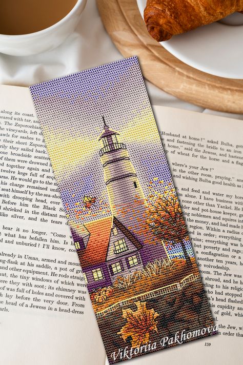 Fall lighthouse bookmark cross stitch pattern pdf | Patreon Bookmark Cross Stitch Pattern, Bookmark Cross Stitch, Cross Stitch Bookmark, Stitch Bookmark, House Tree, Tree Embroidery, Cross Stitch Books, Cross Stitch Bookmarks, Mark Cross