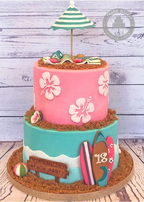 Tropical Themed Cake Ideas, Hawaii Theme Party Cake, Sweet 16 Hawaiian Theme Cake, Cake Ideas 12 Birthday, 18th Beach Party Ideas, Sweet 16 Luau Cake, Cake Beach Birthday, Pool Birthday Cake Ideas, Miami Birthday Cake