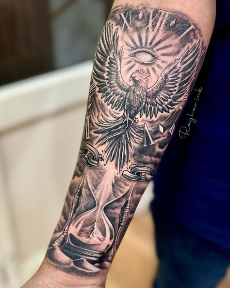 Time Is Of The Essence Tattoo, Phoenix Ashes Tattoo, Time Is Limited Tattoos, Phoenix Rising From Ashes Tattoo, Ash Tattoo, Time Boundaries, Rise Of Phoenixes, Infinite Tattoo, Chain Tattoo