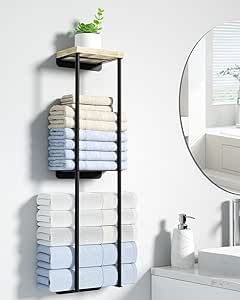 Nroech Towel Racks for Bathroom, 2 Tier Wall Towel Holder with Wood Shelf, Metal Wall Towel Rack Mounted Towel Storage for Small Bathroom Wall Towel Holder, Wall Towel Rack, Bath Towel Hanger, Small Bathroom Shelves, Toallero Ideas, Metal Towel Racks, Wall Towel Racks, Bathroom Towel Storage, Wall Mounted Towel Rack