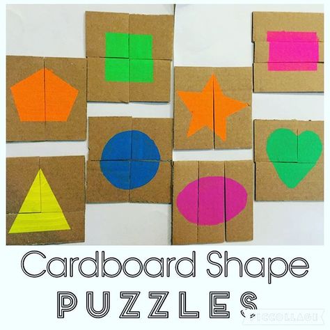 Cardboard Shape Puzzles {Bree saw me making these and she was really excited! After she wakes up she will be excited to play with them!} #cardboard #puzzles #cardboardpuzzles #shapes #shapepuzzles #shapegame #learning #learningshapes #toddlerlearning #toddlergame #earlyeducation #earlylearning Storybook Crafts, Free Kindergarten Printables, Shape Activities Preschool, Diy Kids Games, Baby Toys Diy, Shape Games, Shapes Preschool, Toddler Stuff, Learning Shapes