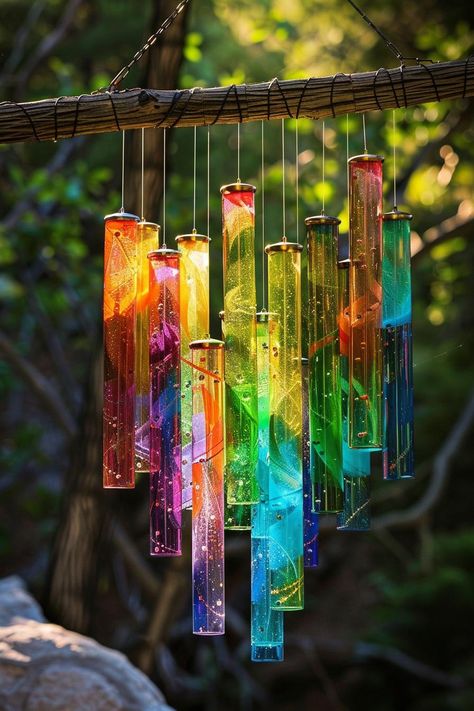 Colored wind chimes. Find out how to transform your outdoor space with chic, quirky, and creative garden decor ideas that will make your garden the envy of the neighborhood. Chandelier Planter, Hanging Mason Jar Lights, Creative Garden Decor, Garden Centerpiece, Solar Powered Lanterns, Enchanted Gardens, Mosaic Stepping Stones, Hanging Mason Jars, Cascading Flowers