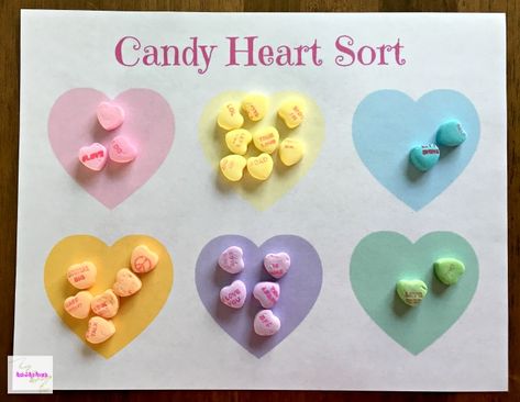 Candy Heart Sorting Sweetheart Candy Crafts For Kids, Conversation Heart Crafts Preschool, Hearts Activities For Toddlers, Candy Heart Activities Preschool, Candy Hearts Crafts, Conversation Hearts Activities, Prek Valentines, Candy Hearts Activities, Conversation Hearts Crafts