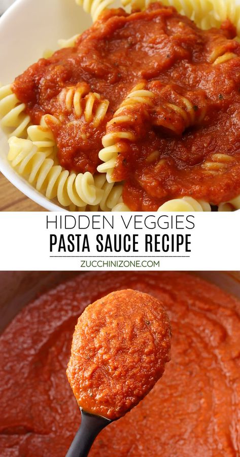 Vegetable pasta sauce recipe by Zucchini Zone. Vegetable pasta sauce is filled with hidden veggies like bell pepper, carrot, celery, and zucchini - but you'd never know! It's packed with bright, savory flavor and makes the perfect addition to your next home cooked meal. #vegetablepastasauce #pastasauce #vegetablesauce #hiddenveggiesauce #hiddenveggies #recipe Veggie Tomato Sauce Pasta, Hidden Veggie Tomato Sauce, Spaghetti Sauce Vegetables, Pasta Sauce Recipes Vegetables, Homemade Veggie Spaghetti Sauce, Roasted Veggie Sauce Recipe, Hidden Veg Pasta Sauce, Hiding Veggies In Spaghetti Sauce, Homemade Spaghettios With Veggies