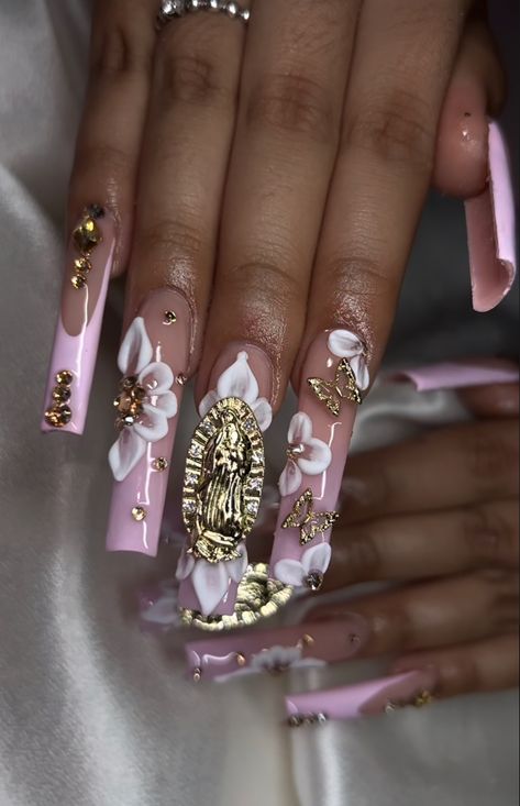 Latina Nails With Gems, Guadalupe Nail Designs, Dramatic Nail Sets, Bling Acrylic Nails With Initial, Rhinestone Nail Designs Bling, Pink Quinceanera Nails Long, Nails With San Judas, Virgin Mary Charm Nails, Red San Judas Nails