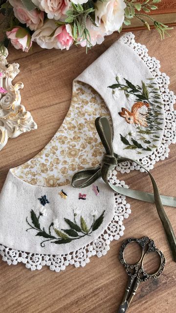 Embroidered Collars Embroidery, Cottagecore Embroidery, Handmade Rabbit, Benjamin Bunny, Floral Hair Clip, Hand Embroidery Projects, Embroidery Bags, Embroidered Collars, Animal Embroidery