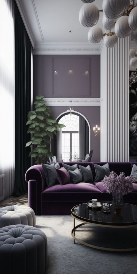 Living Room Ideas Purple And Grey, Gray Modern Living Room, Purple And Gray Living Room, Violet Living Room, Loft Style Living Room, Purple Interior Design, Living Room Inspiration Grey, Modern Grey Living Room, Bedroom Arrangement