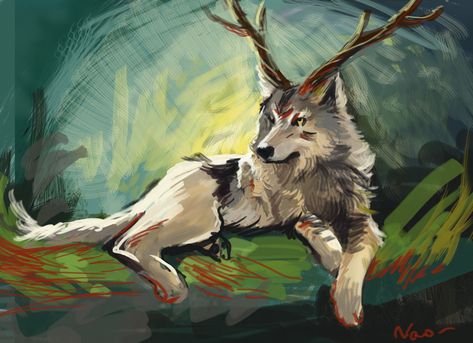 wolf with antlers deer by Naokohoma on DeviantArt Wolf Deer Hybrid, Wolf With Antlers, Horned Wolf, Antlers Drawing, Stag Animal, Drawing Wolf, Magical Animals, Wolf Hybrid, Fantasy Ideas