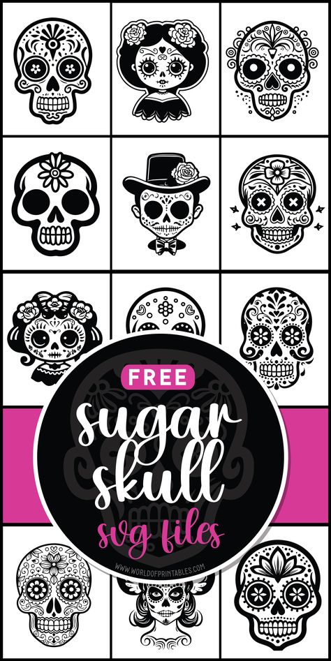 Spice up your creations with free sugar skull SVGs! Add a touch of edgy and vibrant flair to your projects with these cool and quirky designs. 🌺💀 Skull Svg Cricut, Free Sugar Skull Svg Files For Cricut, Free Skull Svg Files For Cricut, Skull Svg Free, Sugar Skull Stencil, Svg Designs Free, Free Cricut Images, Freebie Svg, Cricut Projects Easy