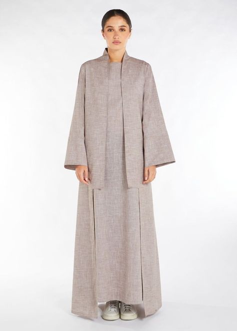 Linen Abaya Design, Open Abaya Outfit, Everyday Abaya, Halal Outfits, Physical Project, Open Abayas, Linen Abaya, Luxury Abaya, Beige Fits