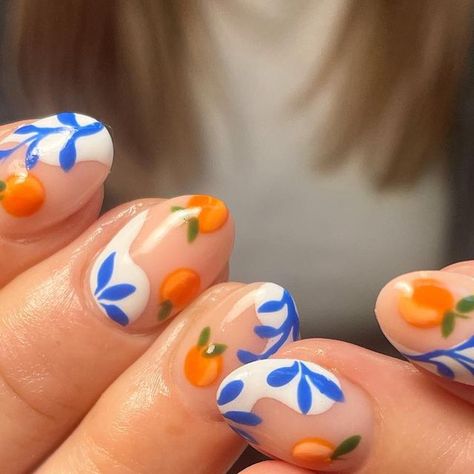 Nail Hun - Grace 💘 on Instagram: "It’s giving ‘holiday to Italy with the girls’ 🍊   Using all @the_gelbottle_inc 🔥  Inspo from the amaze set by @nailsbyrobinandnicky 😍  . . .  #nails #nailsofinstagram #nailsoftheday #nails💅 #nailsnailsnails #nailinspo #nailinspiration #nailstyle #naildesign #nailart #nailsbyme #gelnails #buildergelnails #thegelbottleinc #thegelbottle #manchesternails #ancoatsnails #manchester #ancoats #funkynails #cutenails #holidaynails #fruitnails #oranges #summernails" Italy Nail Ideas, Sicilian Nail Art, Call Me By Your Name Nails, Italy Holiday Nails, Nail Designs August, Orange Holiday Nails, Summer Into Fall Nails, Sicily Nails, Italian Inspired Nails