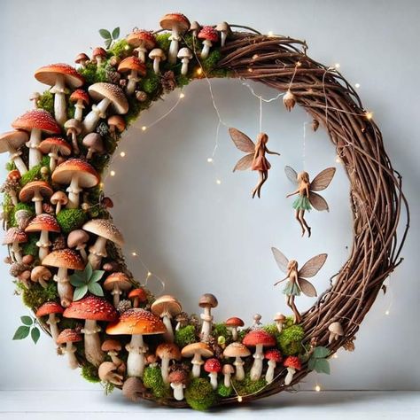 Fairy Wreath, Floral Door Wreaths, Mushroom Crafts, Garden Art Ideas, Fairy Crafts, Witchy Crafts, Art Decor Diy, Mushroom Decor, Garden Art Projects